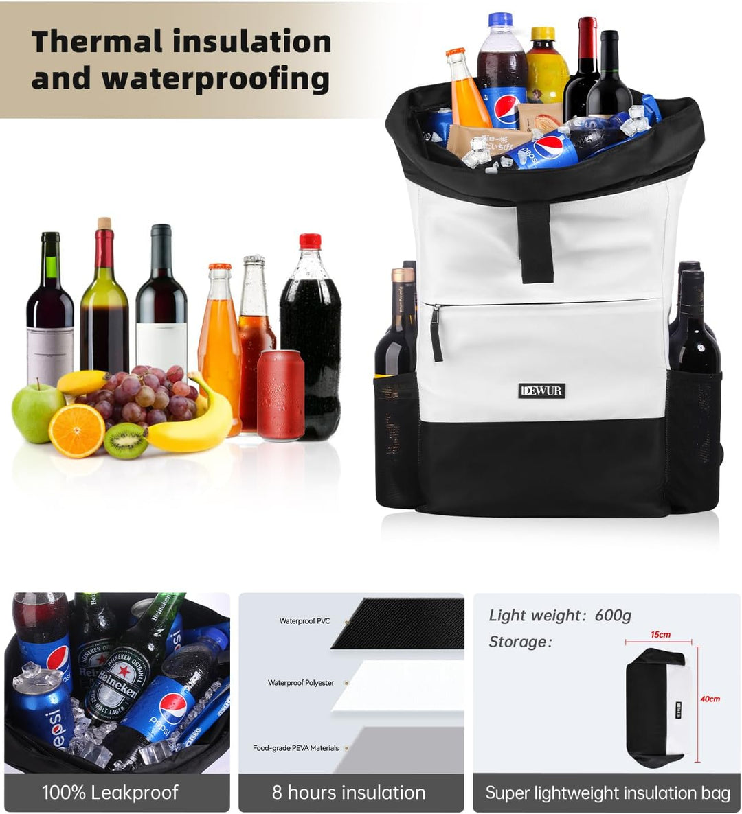DEWUR 35L Thermo Rücksack Kühlrücksack Kühltasche Wasserdichter Picknickrücksack mit Flaschenöffner