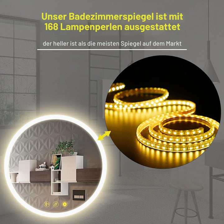AI-LIGHTING Badspiegel mit Beleuchtung Bluetooth Rund 60 cm Badezimmer Spiegel mit Led Licht, 3 Lich