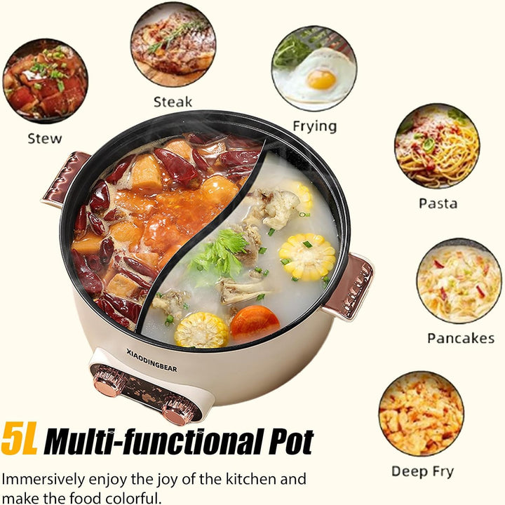 Elektrische Hot Pot, 5 L Elektrischer Kochtopf mit Schnellheizung&Doppeltes Drehknopf, 1350W Elektri