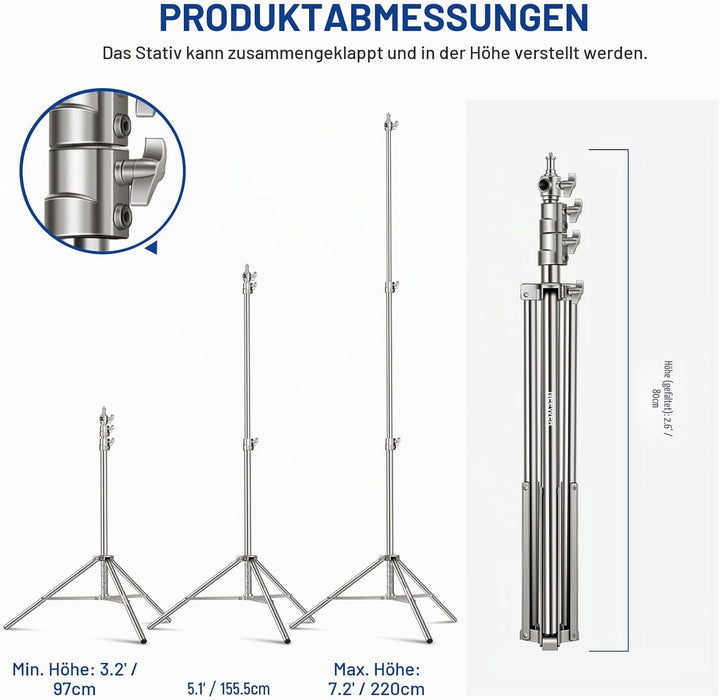 NEEWER 7,2Fuss/2,2m Edelstahl Lichtständer,gefederter Hochleistungs Stativständer für Fotografie mit