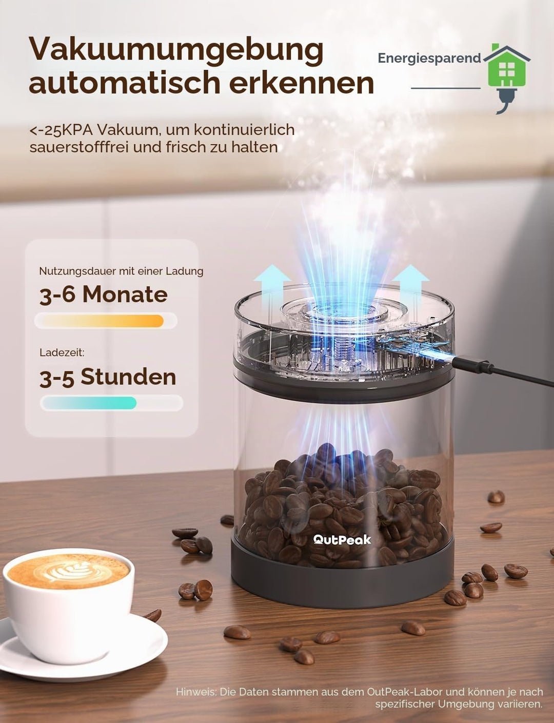 OUTPEAK Neo 2026 Auto Vacuum Coffee Canister, 0.75L Capacity for 249.5 g of Coffee Beans, One Button
