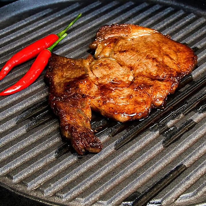 Gusseisen-Grillplatte, runde Gusseisen-Bratpfanne, wendbar, Doppelgriff, gerippte Bratpfanne, Outdoo