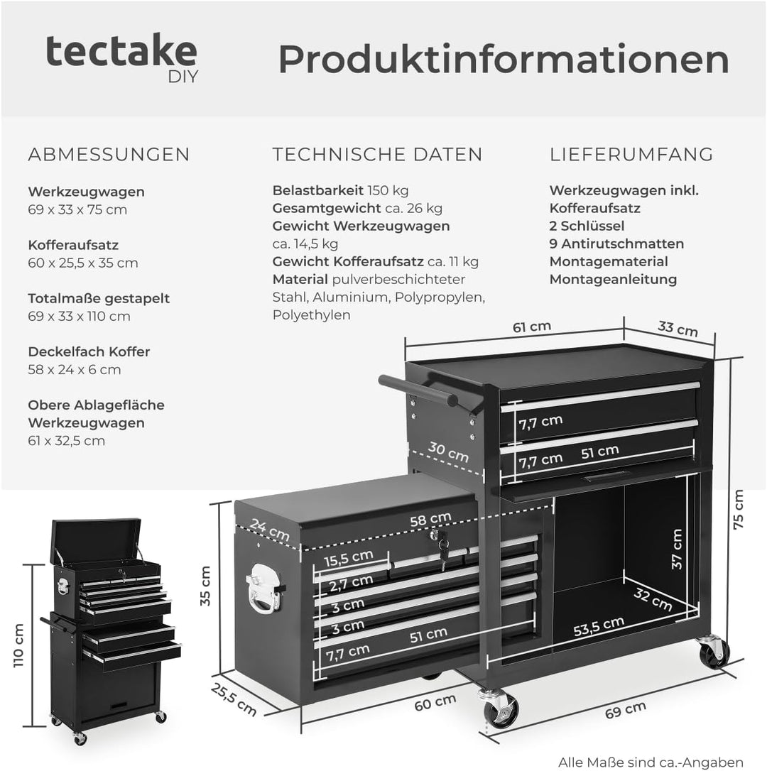 tectake Werkstattwagen Trolley mit Kofferaufsatz, Werkzeug Wagen abschliessbar, 10 Fächer, Mobile We