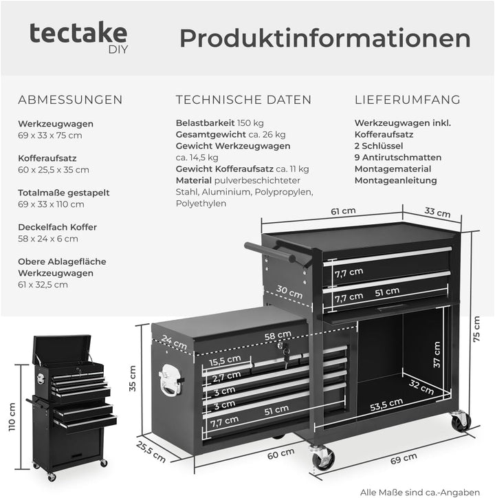 tectake Werkstattwagen Trolley mit Kofferaufsatz, Werkzeug Wagen abschliessbar, 10 Fächer, Mobile We