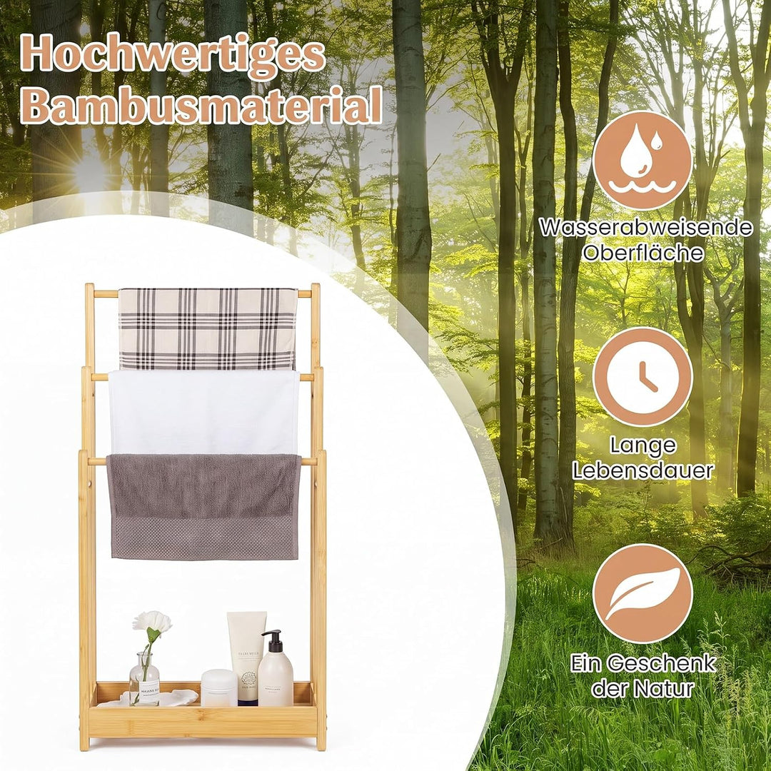 COSTWAY Handtuchständer freistehend, Handtuchhalter Holz mit 3 Handtuchstangen &amp; unterer Ablage &amp; Ki