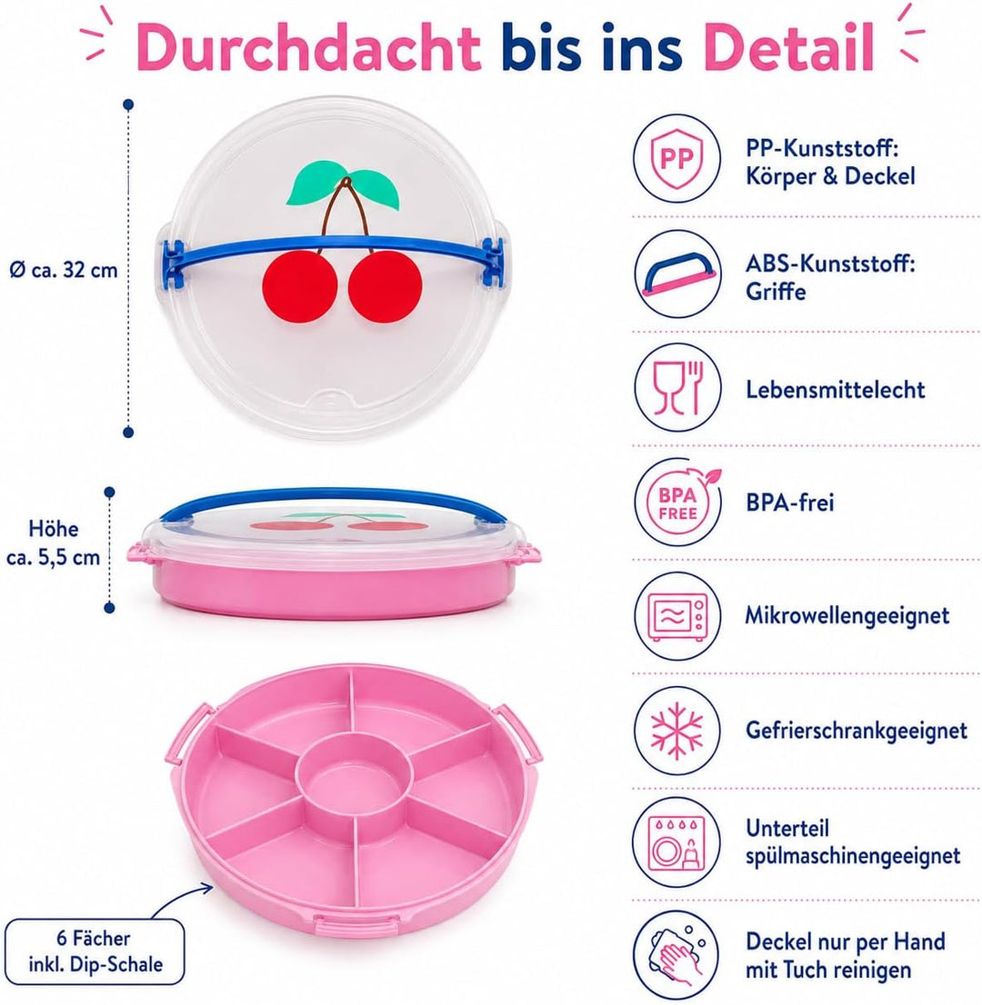 Rice Serviertablett rund Ø 32 cm mit Deckel & Tragegriff – Snack- & Partyplatte mit Fächern, BPA-fre