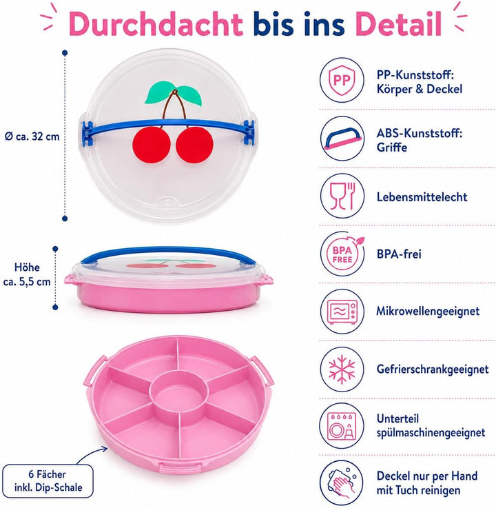 Rice Serviertablett rund Ø 32 cm mit Deckel & Tragegriff – Snack- & Partyplatte mit Fächern, BPA-fre