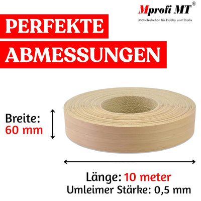 Mprofi MT® 10m Rolle-Kantenumleimer-Echtholz Furnier Umleimer mit Schmelzkleber-Bügelkante für Regal