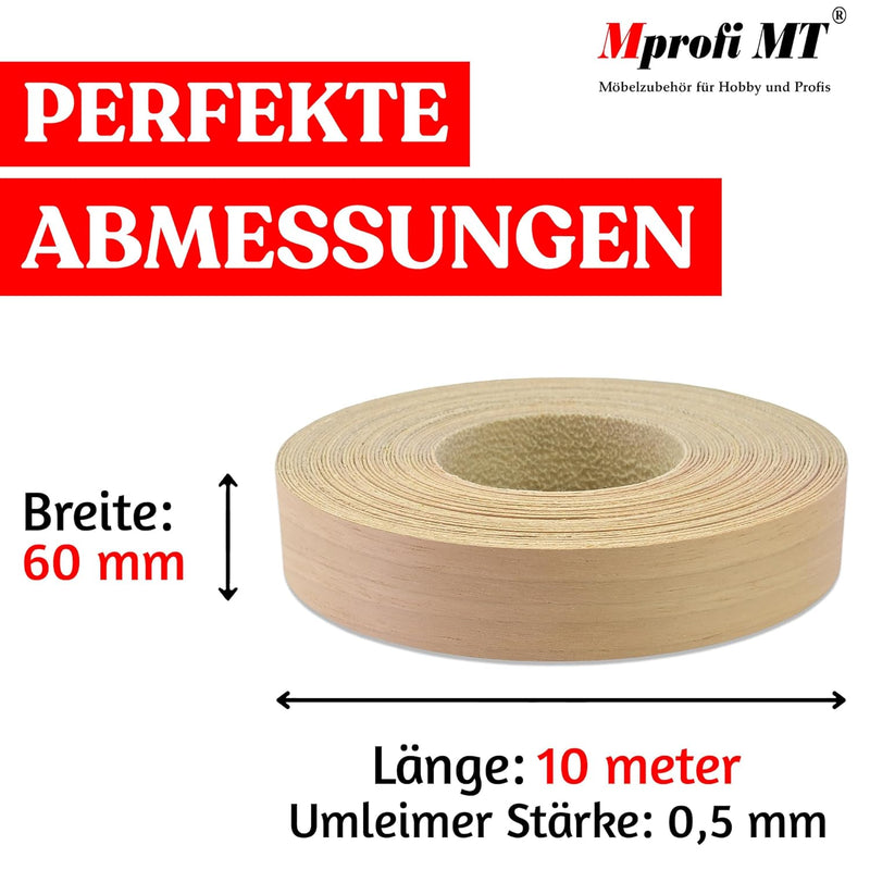 Mprofi MT® 10m Rolle-Kantenumleimer-Echtholz Furnier Umleimer mit Schmelzkleber-Bügelkante für Regal