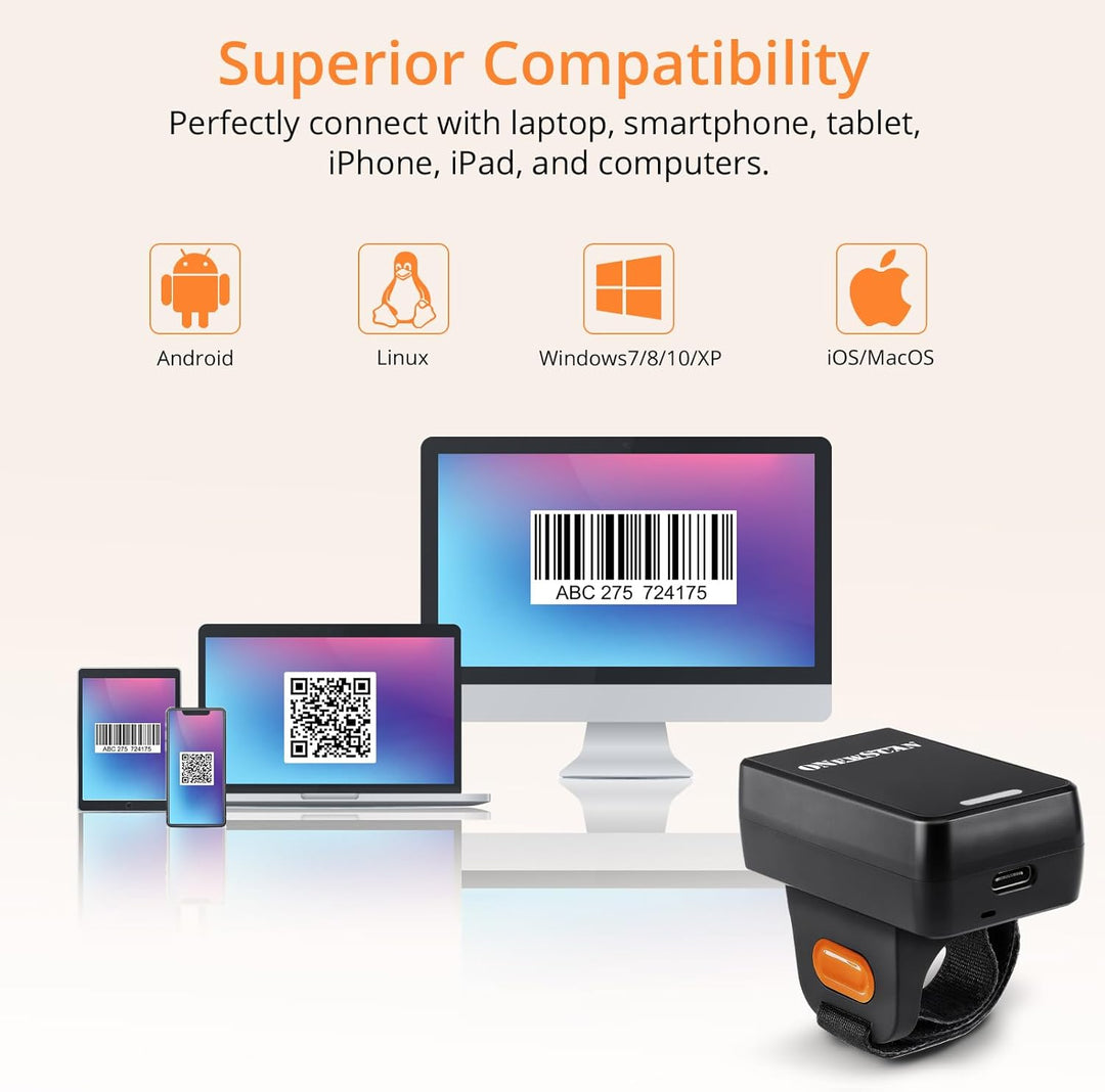 Barcode Scanner, Barcode-Leser 1D 2D QR Mini drahtloser tragbarer Finger-Scanner mit 2,4G drahtloser