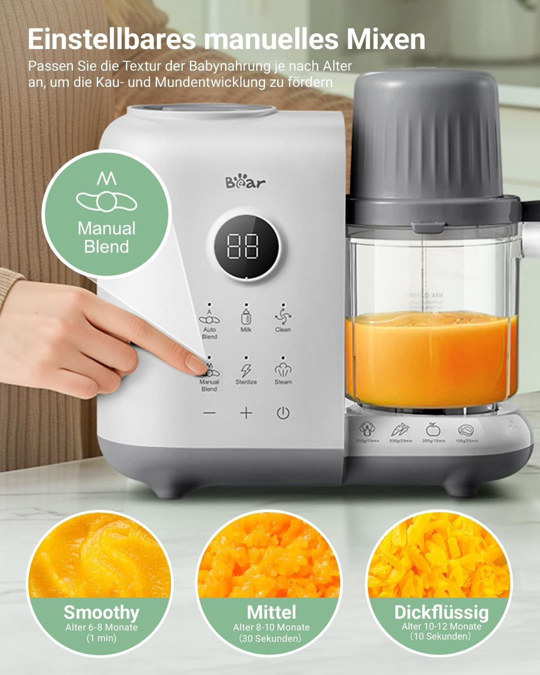 Bear 6-in-1 Dampfgarer mit Mixer Premium Babynahrungszubereiter,Dämpfen, automatisches Rühren, Milch