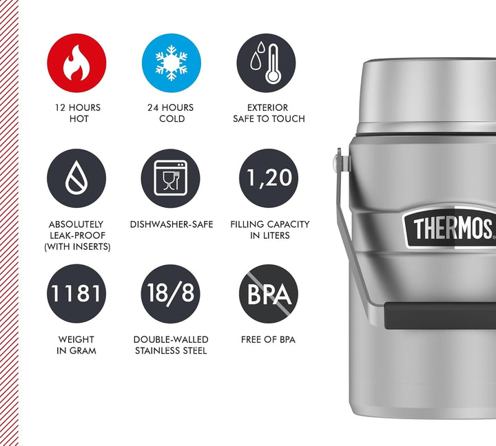 Thermos STAINLESS KING FOOD JAR 1,2l, steel, Thermosbehälter aus Edelstahl mit Einsätzen und Henkel,
