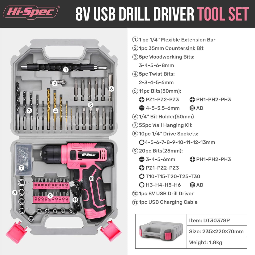 Hi-Spec Pinker Akkubohrer und Bit Set für Frauen. 8V Akkuschrauber, Stecknüsse und Schrauberbits in