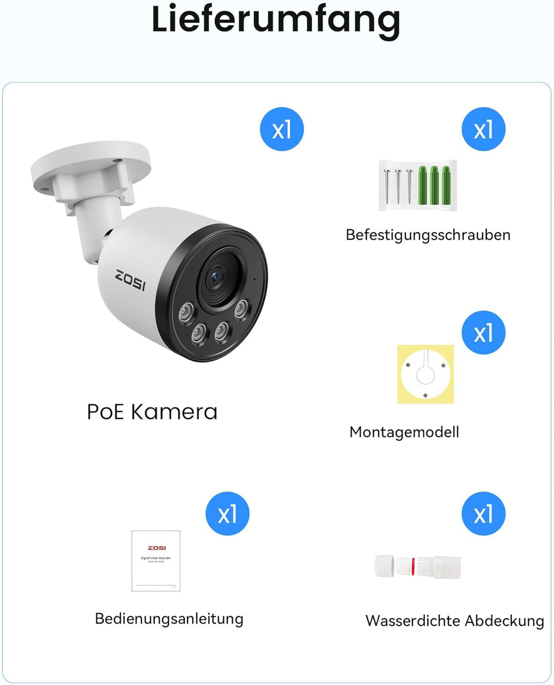 ZOSI 4K 8MP PoE Überwachungskamera Aussen mit Audio, Personen-/Fahrzeugerkennung, IR Nachtsicht, NUR