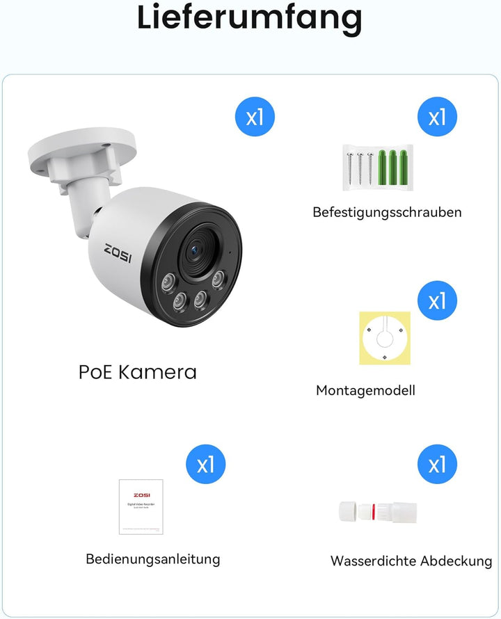 ZOSI 4K 8MP PoE Überwachungskamera Aussen mit Audio, Personen-/Fahrzeugerkennung, IR Nachtsicht, NUR