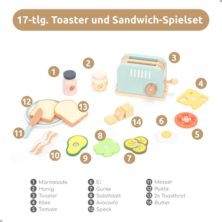 UMU® Holz Toaster & Sandwich Küchenspielzeug - inkl. Pop-up Toaster, Butter schneiden, Kinderküche Z