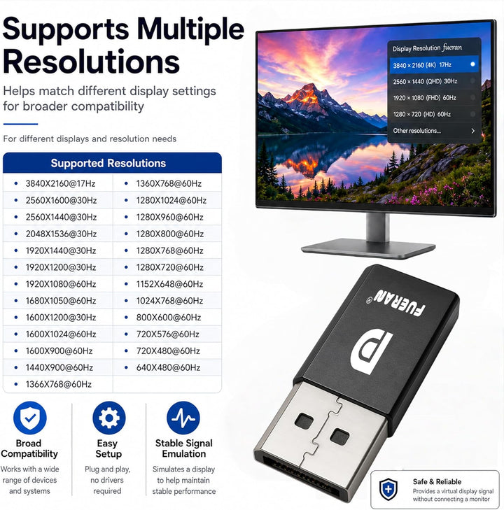 DP - DisplayPort Display & EDID Emulator Plug (2K: 2560x1600@30Hz, 4K: 4096x2160@60Hz) - DisplayPort