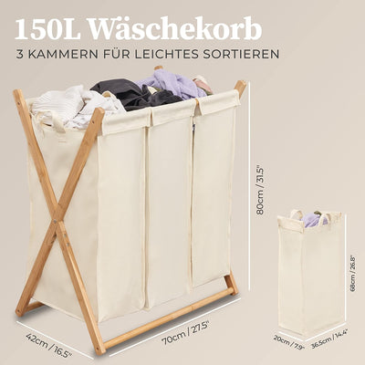 Hennez Wäschesammler XXL - Wäschekorb 3 Fächer - Wäschesortierer Wäschebox - Holz - Wäschetrenner Be