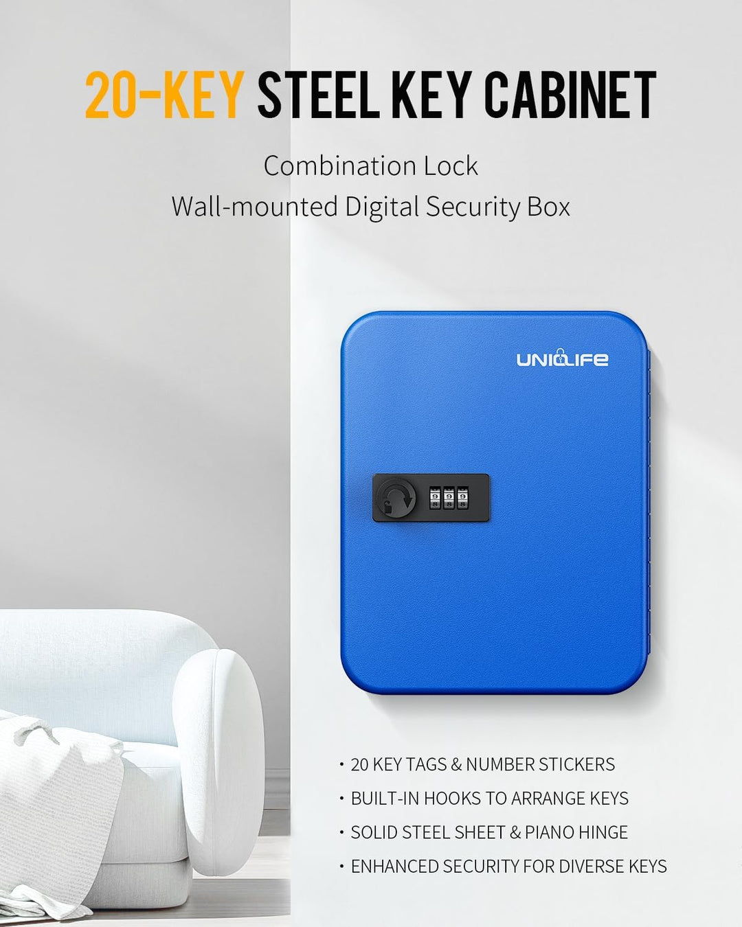 Uniclife 20 Fach Schlüsselbox mit Zahlenschloss und resettbarem Code, Blaue Digitale Sicherheitsbox