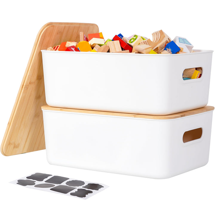 Kerhouze 2 PCS Aufbewahrungsbox mit Bambus Deckel Weiss Aufbewahrungsbox Kunststoff Plastik Box für