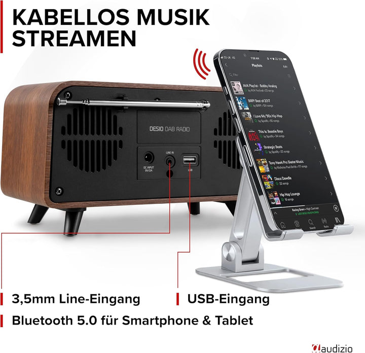 Audizio Desio - DAB Radio mit Bluetooth 5.0 - Stereo DAB Plus Radio mit Fernbedienung, 50 Speicherpl