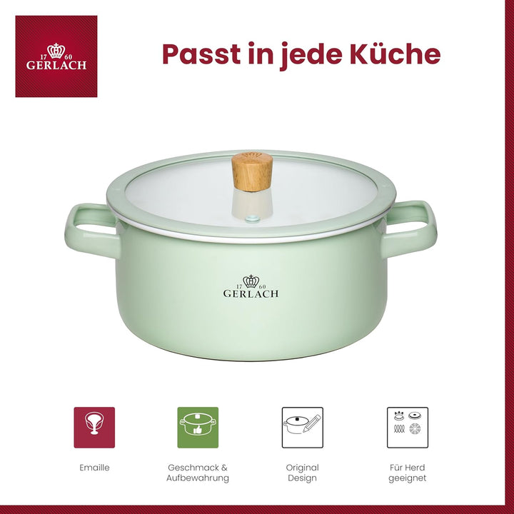 Gerlach 1760 Topf Kochtopf - 20 cm 3 L Emaille - Alle Herdarten - Deckel aus gehärtetem Glas - Paste