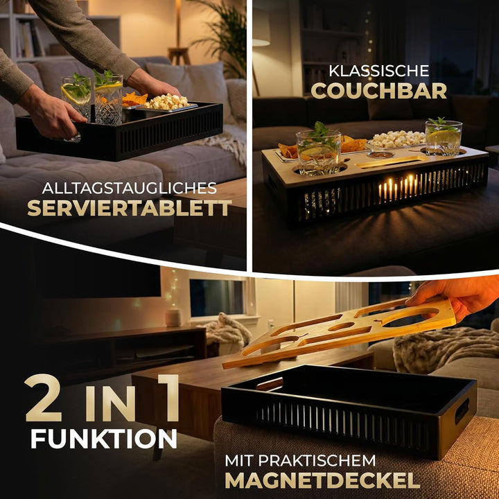 Couchbar Snackbox mit Leuchteffekt – Holz Sofatablett für Sofa, Snackbar & Organizer Tablett, 2-in-1