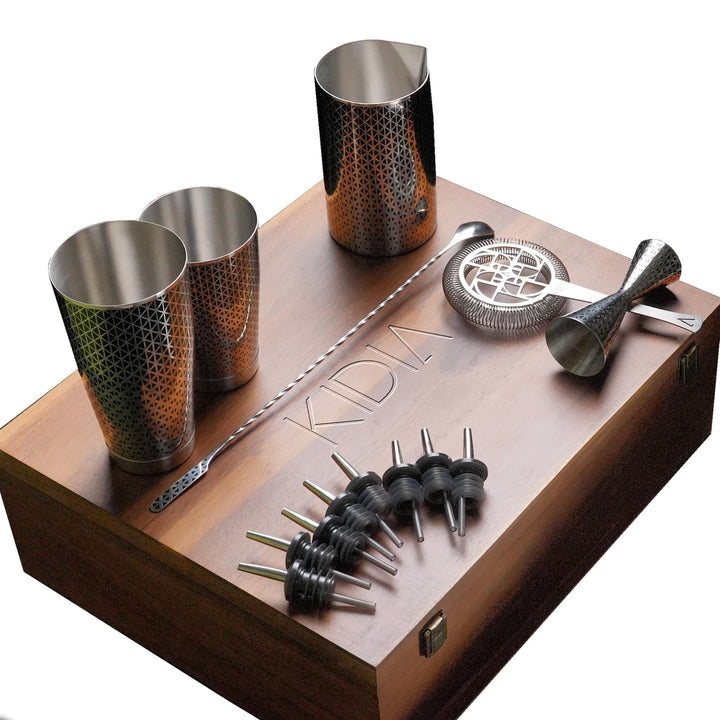 Kidia Cocktail Set Geometric Lines – Professionelles Barset mit Boston Shaker, Mixingglas, Jigger, B