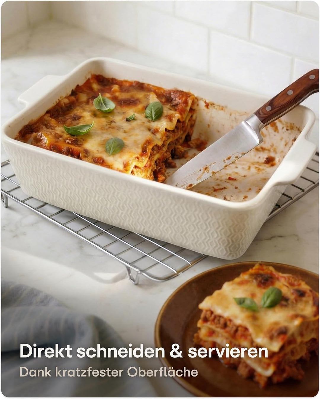 Auflaufform Gross aus Keramik - Für Lasagne, Tiramisu & Auflauf - Extra Hoher Rand - Eckig - Weiss,