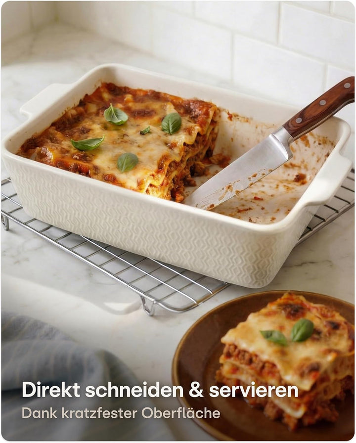 Auflaufform Gross aus Keramik - Für Lasagne, Tiramisu & Auflauf - Extra Hoher Rand - Eckig - Weiss,