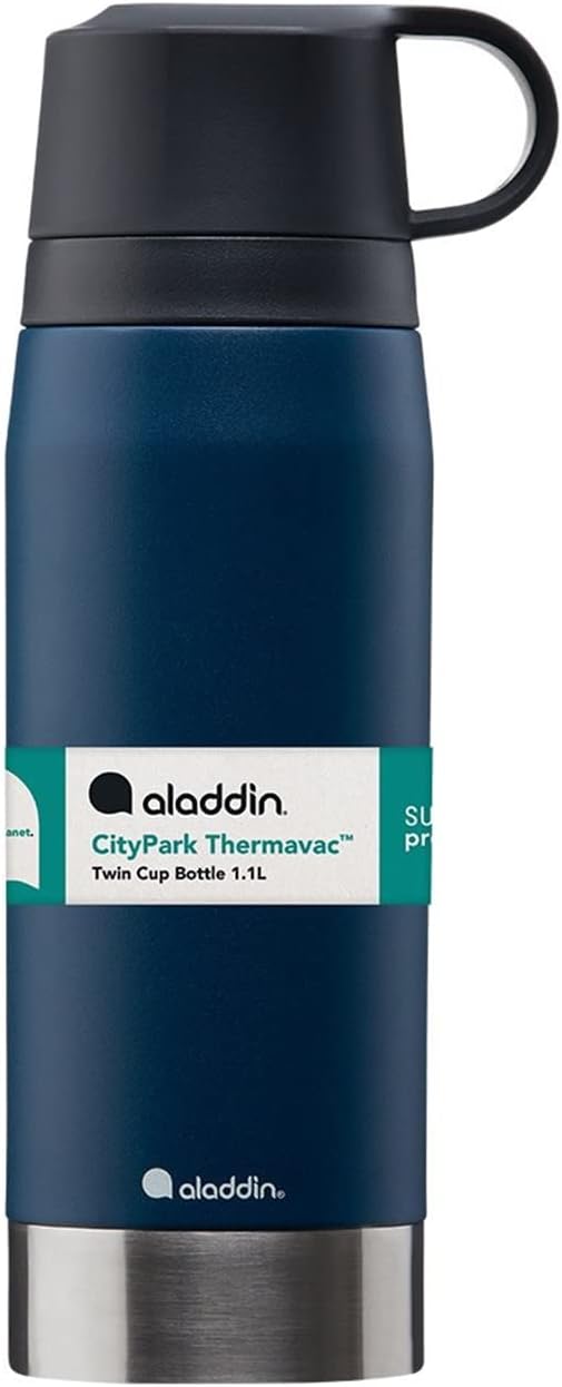 Aladdin CityPark Thermavac Twin Cup Bottle 1.1L Navy Blue – BPA FREE Stainless Steel Bottle with Bui
