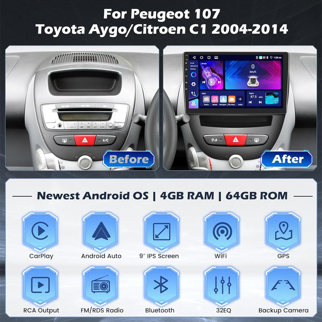 Hikity Autoradio Android 15 für Peugeot 107/Toyota Aygo/Citroen C1 2004-2014, 4GB+64GB, 2-DIN-Autost