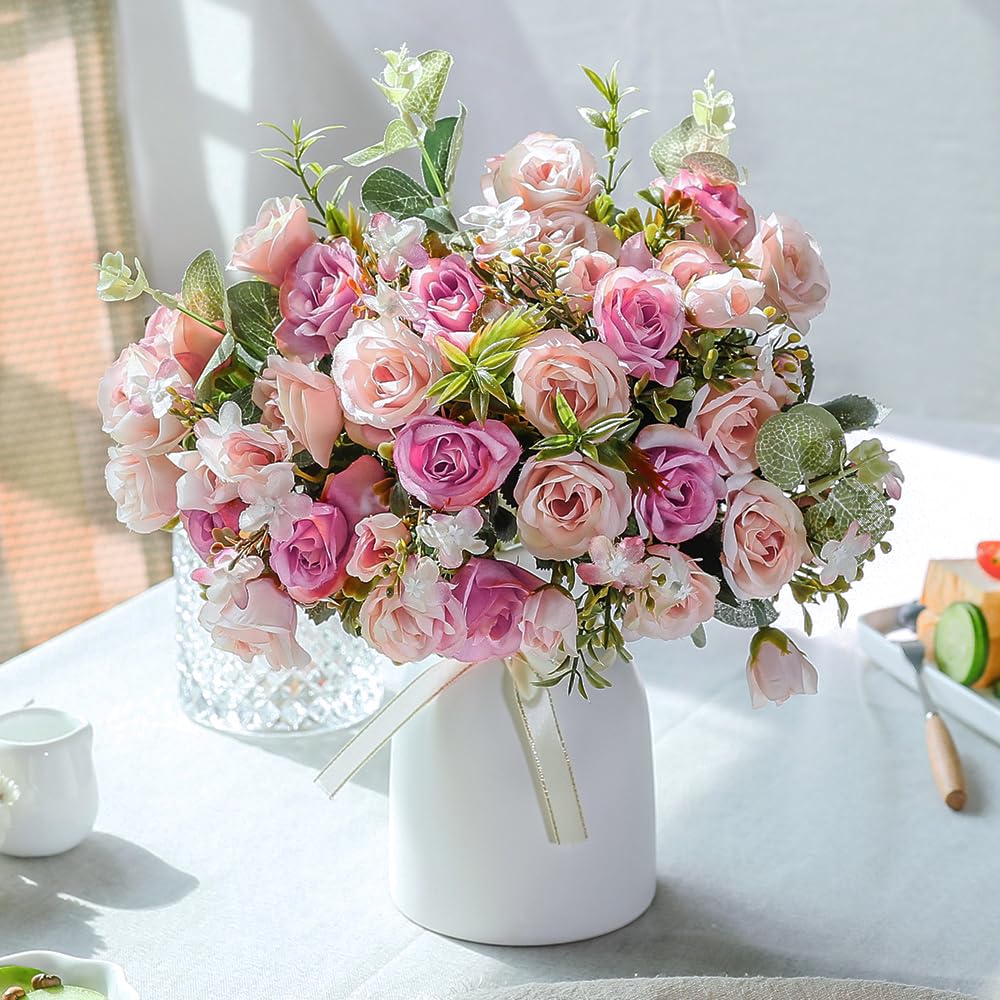 LESING Künstliche Seidenrose mit Vase, künstliche Blumen, Hochzeitsblumen, Blumensträusse, Arrangeme