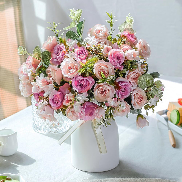 LESING Künstliche Seidenrose mit Vase, künstliche Blumen, Hochzeitsblumen, Blumensträusse, Arrangeme
