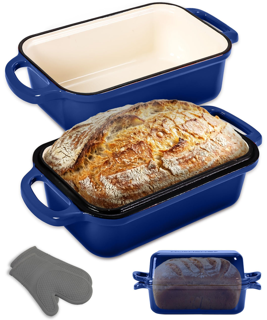 NutriChef Gusseisen Topf - Brotbackform mit Deckel - 22,9 cm Kastenform für Sauerteigbrot, emaillier