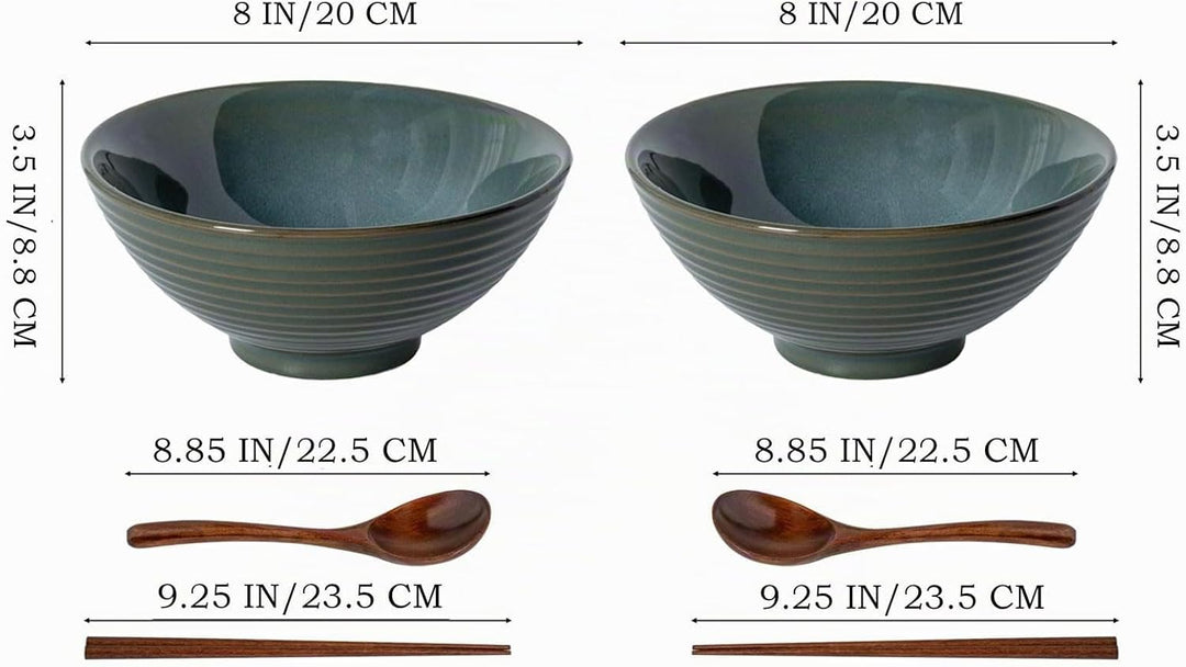 2X Ramen Bowl Ceramic - 1200ml - 20 cm - With Spoon and Chopsticks for Ramen Soup Pho Udon Asian Noo
