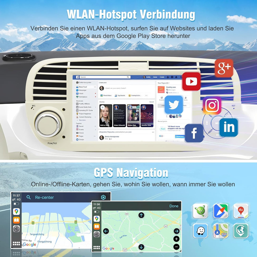 Android 13 Autoradio für FIAT 500 (2007–2015) | 7-Zoll-IPS-Touchscreen mit wasserdichter HD-Rückfahr