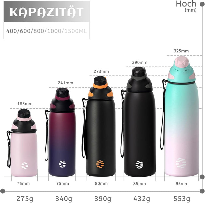 Fjbottle Edelstahl Trinkflasche Sport mit Magnetischem Deckel 1L, 800ml, 600ml, 400ml BPA-Frei Ausla