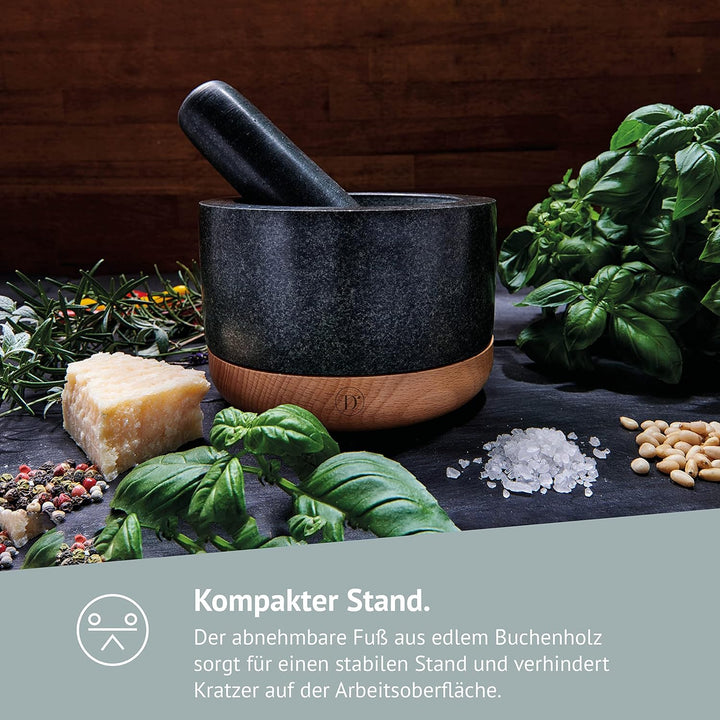 DIEMKER Premium Granit Mörser mit Stössel, abnehmbarer Holzfuss, Holzlöffel und Reinigungsbürste im