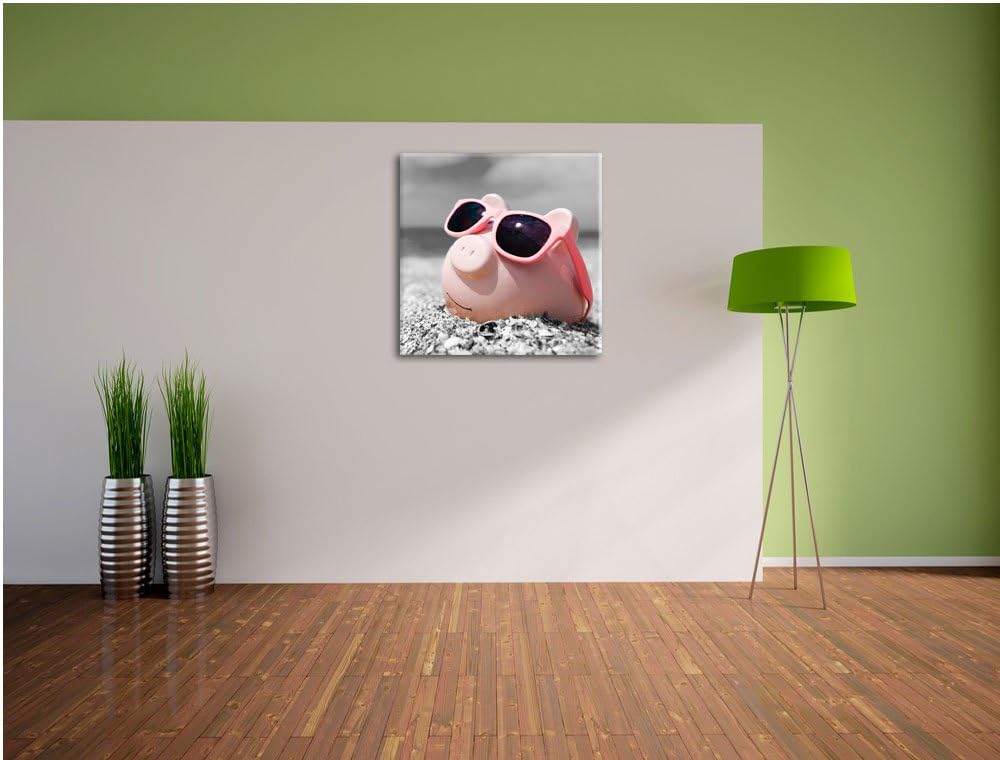 Pixxprint Cooles Sparschwein mit Sonnenbrille am Strand schwarz/weiss, Format: 70x70 auf Leinwand, 7