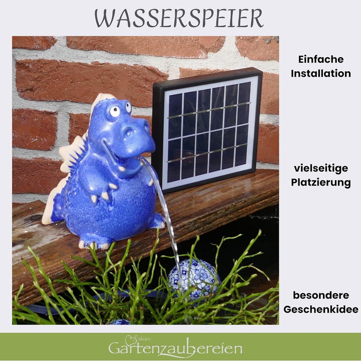 Storm's Gartenzaubereien Wasserspeier Drache - Teichfigur mit Solarpumpe 14,5cm aus Keramik als Teic