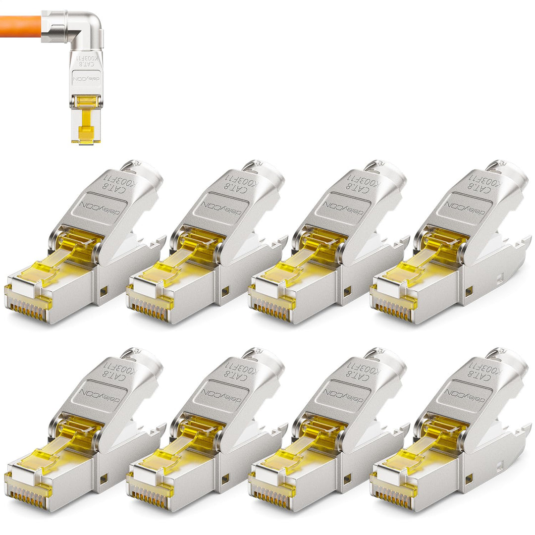 deleyCON 8x CAT 8 Netzwerkstecker 90° Winkel Stecker RJ45 Werkzeuglos Geschirmt 40 Gbit/s Netzwerk S