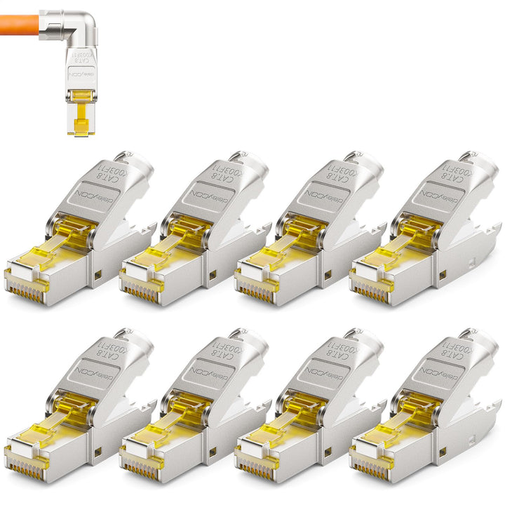 deleyCON 8x CAT 8 Netzwerkstecker 90° Winkel Stecker RJ45 Werkzeuglos Geschirmt 40 Gbit/s Netzwerk S