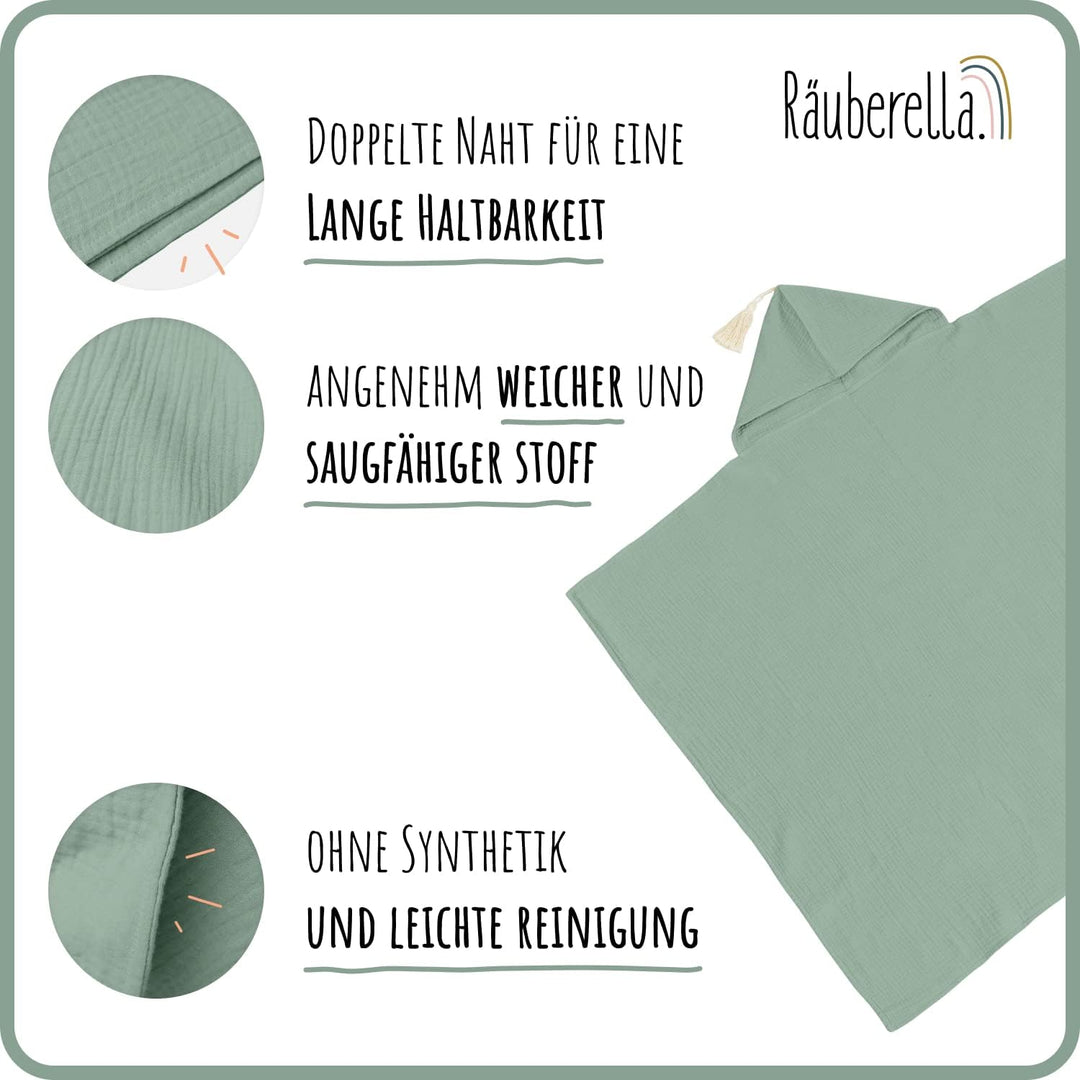 Räuberella® Kapuzenhandtuch-Baby in Mint-Grün I 75x100cm I Musselin-Badetuch-Baby aus 100% Bio-Baumw