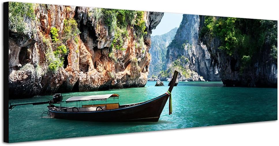 Paul Sinus Art Panoramabild auf Leinwand und Keilrahmen 150x50cm Thailand Steg Meer Boot Felsen