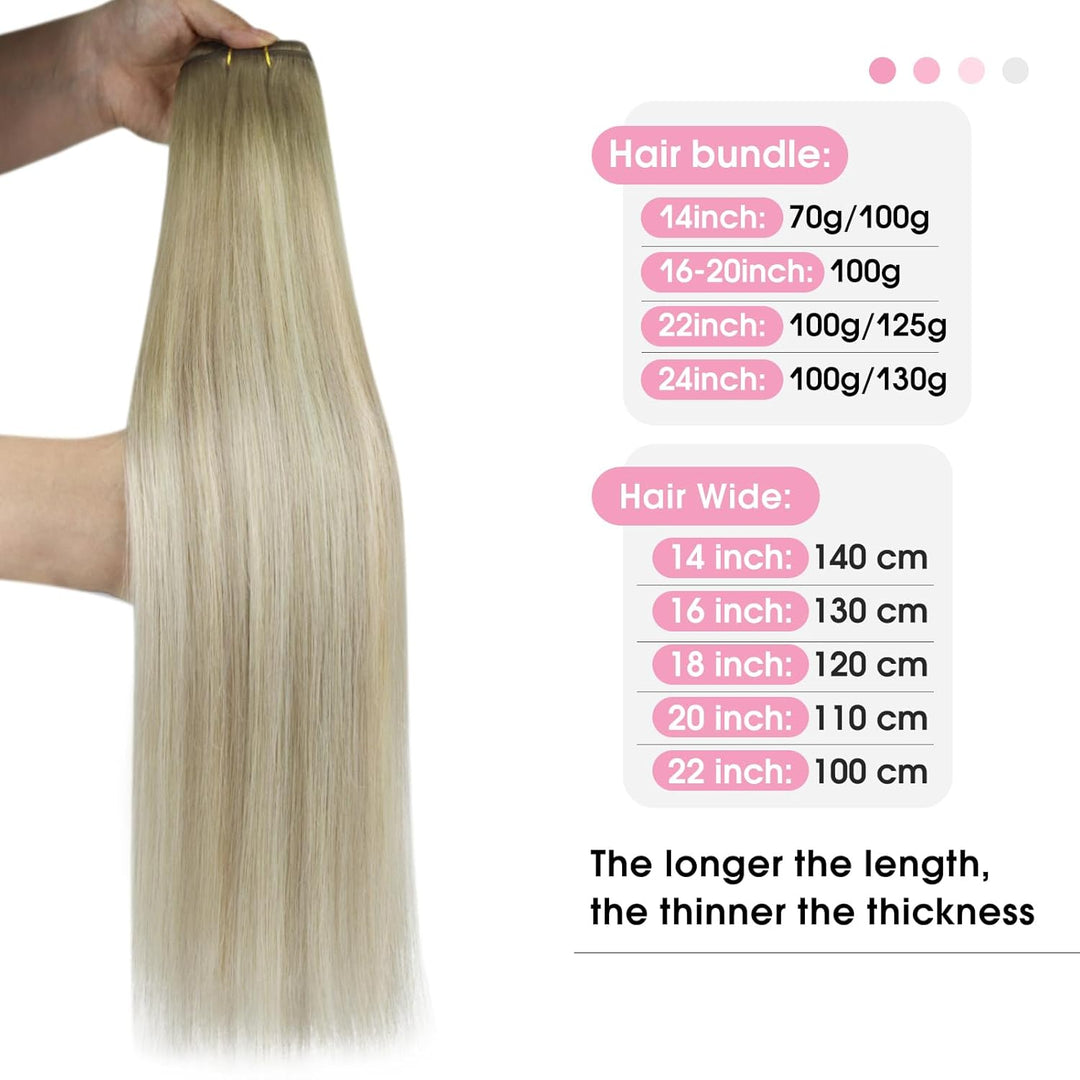 YoungSee Echthaar Tressen zum Einnahen Blond 40cm Tressen Echthaar Aschblond Ombre Blond Haartressen