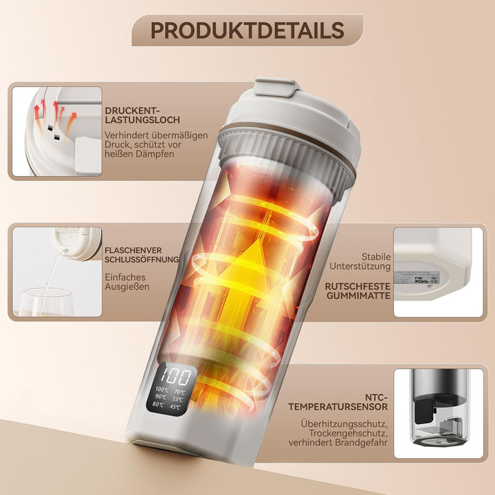 QianShouYan Reisewasserkocher Klein 450ml 300W mit 6 Stufen Temperaturregelung Mini Reise Wasserkoch