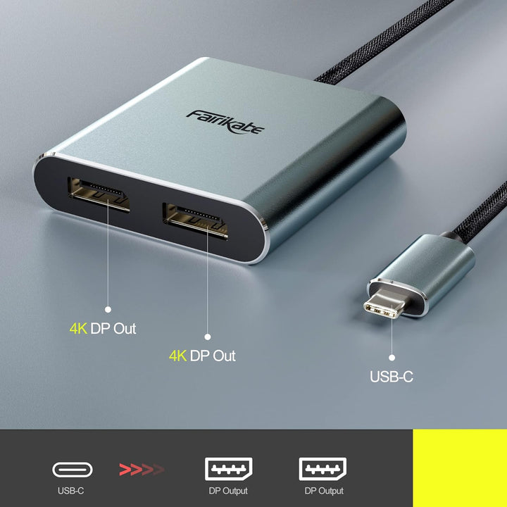 fairikabe USB C auf Dual DisplayPort MST Hub Splitter, USB Typ C auf Dual 4K@60Hz 2X DisplayPort 1.2