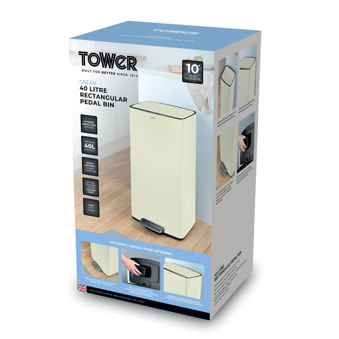 Tower T838020C Rechteckiger Treteimer mit herausnehmbarem Inneneimer und Filterfach, 40 l, robuster