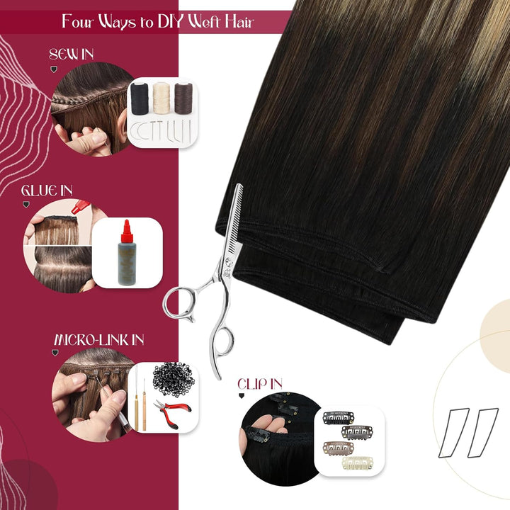 Vivien Echthaar Tressen zum Einnähen Schwarz Balayage 35 cm Extensions Echthaar Tressen Natürlich Sc